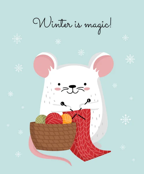 Vektorový plakát s ruční kresbou roztomilé zimní krysy a pletení. Cr — Stockový vektor