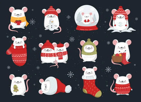 Konforlu giysiler içinde sevimli kış fareleri çizen vektör koleksiyonu — Stok Vektör