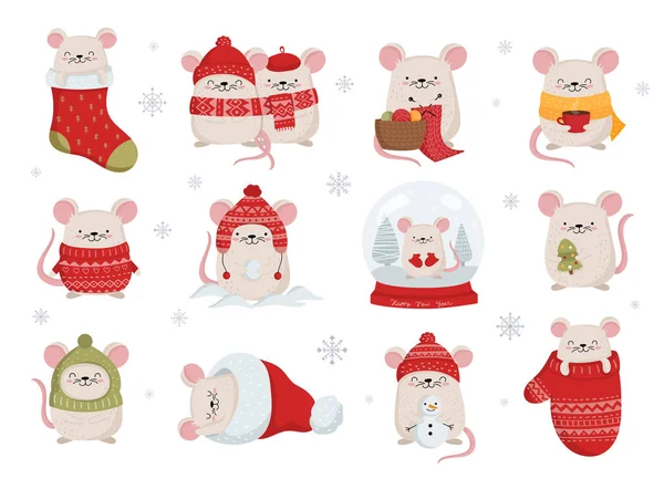 Konforlu giysiler içinde sevimli kış fareleri çizen vektör koleksiyonu — Stok Vektör