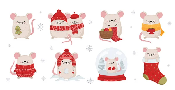 Vektorová kolekce ručně kreslení roztomilé zimní krysy v útulné látky — Stockový vektor