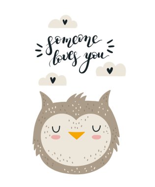 Şirin baykuşlu vektör el çizimi posteri ve V için güzel bir slogan.