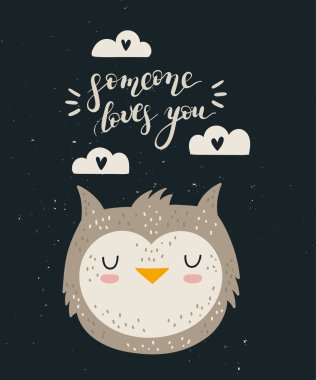 Şirin baykuşlu vektör el çizimi posteri ve V için güzel bir slogan.