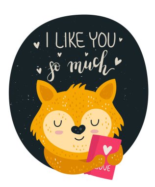 Üzerinde şirin tilki ve V için sevimli slogan olan vektör el çizimi posteri