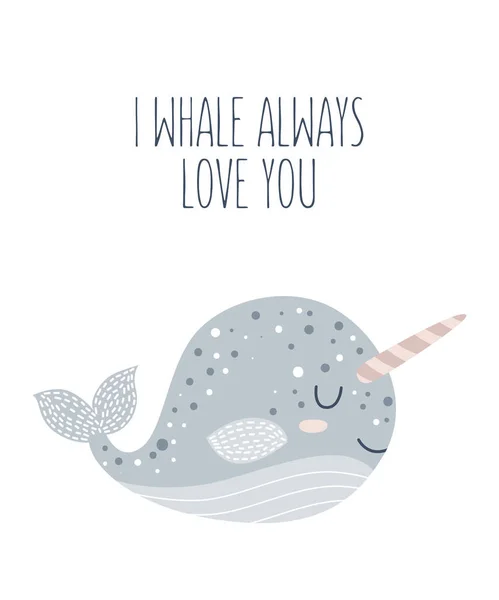Vector Hand Drawn Poster Nursery Decoration Cute Whale Lovely Slogan — Stock Vector