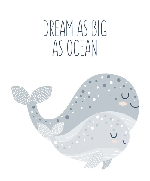 손으로 귀여운 고래와 아름다운 구호로 장식용 포스터를 그렸습니다 Doodle 베이비 — 스톡 벡터