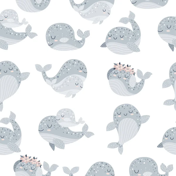Vector Seamless Pattern Cute Whales Doodle Illustration Perfect Baby Shower — Stock Vector