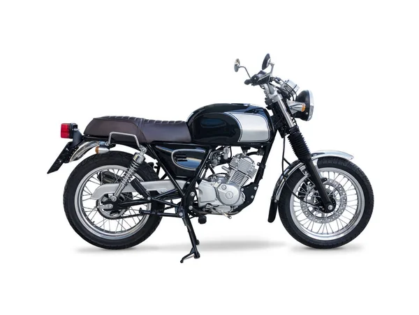 Černé Stříbrné Retro Motocykl Boční Pohled Izolované Bílém — Stock fotografie