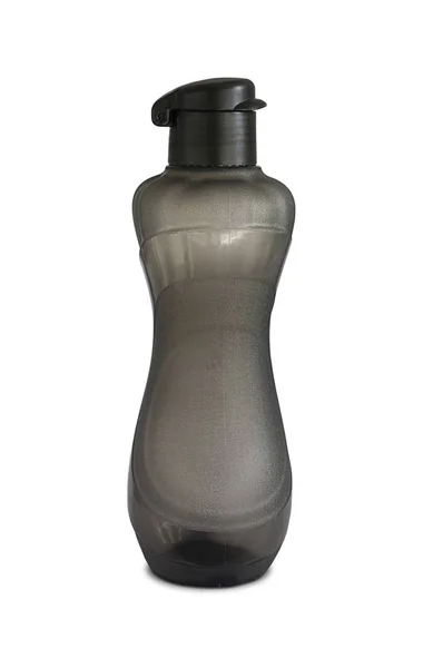 Μαύρο Πλαστικό Επαναχρησιμοποιήσιμο Μπουκάλι Νερού Που Απομονώνεται Λευκό — Φωτογραφία Αρχείου