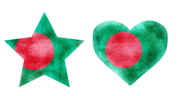 Aquarell Stern Und Herz Flagge Hintergrund Auf Weiß Eingestellt — Stockfoto