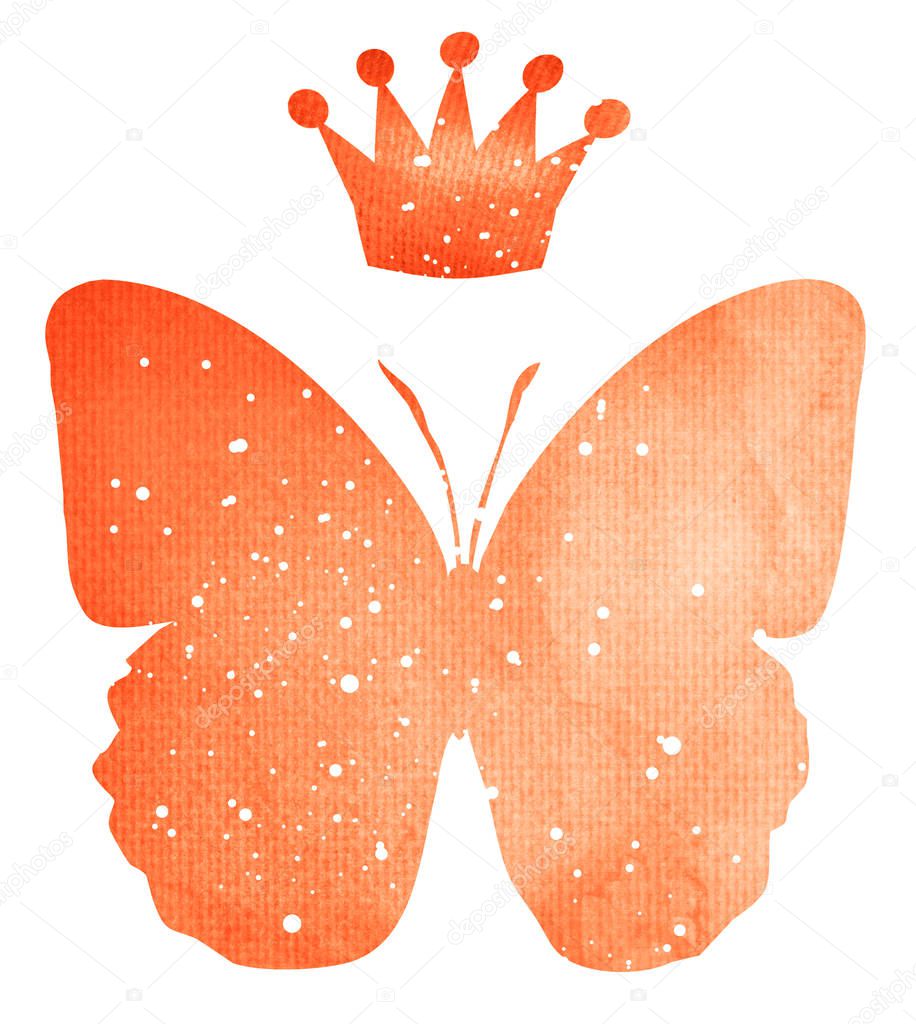 Watercolor butterfly with crown , isolated on white