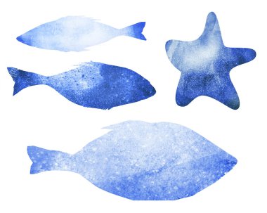 Beyaz balıkların soyut suluboya figürleri. Ayarla