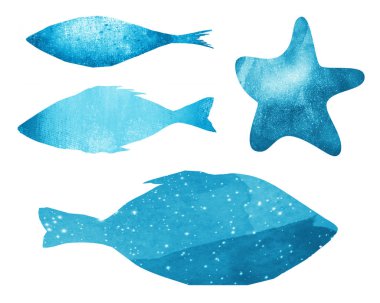 Beyaz balıkların soyut suluboya figürleri. Ayarla