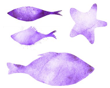 Beyaz balıkların soyut suluboya figürleri. Ayarla