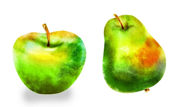 Akvarell Äpple Och Päron Vitt — Stockfoto