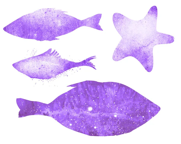 Figuras Aquarelas Abstratas Peixes Branco Conjunto — Fotografia de Stock