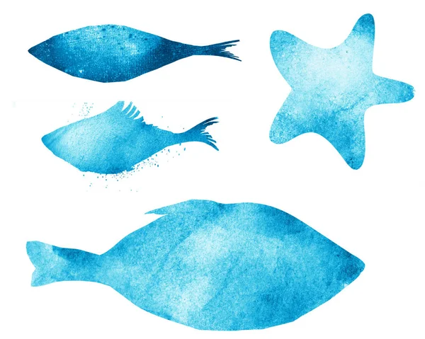 Figuras Aquarelas Abstratas Peixes Branco Conjunto — Fotografia de Stock