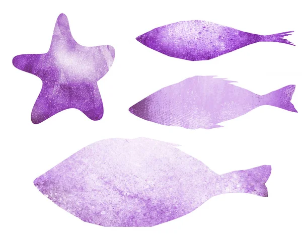 Abstract watercolor figures of fishes on white. Set — Stock Image Abstract Watercolor Figures Fishes White Set Royalty Free Stock Images