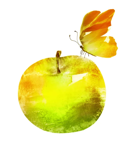 Pomme aquarelle avec papillon — Photo