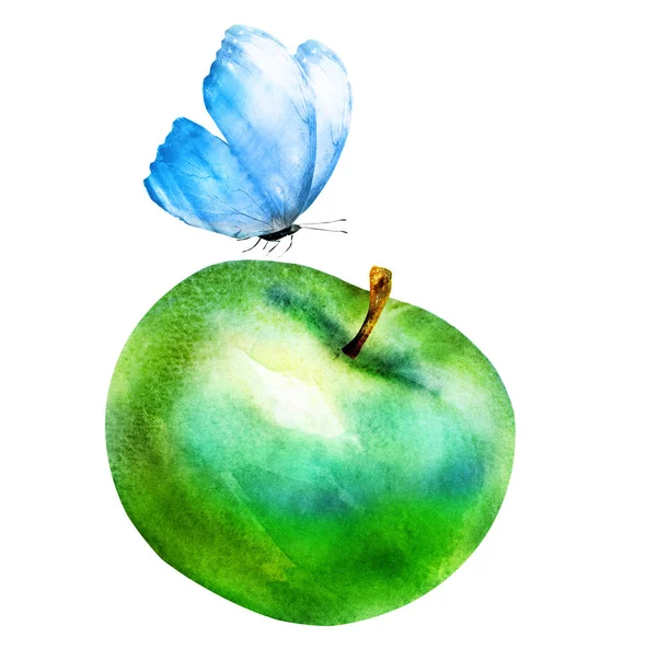 Watercolor apple with butterfly — Stock Photo, Image