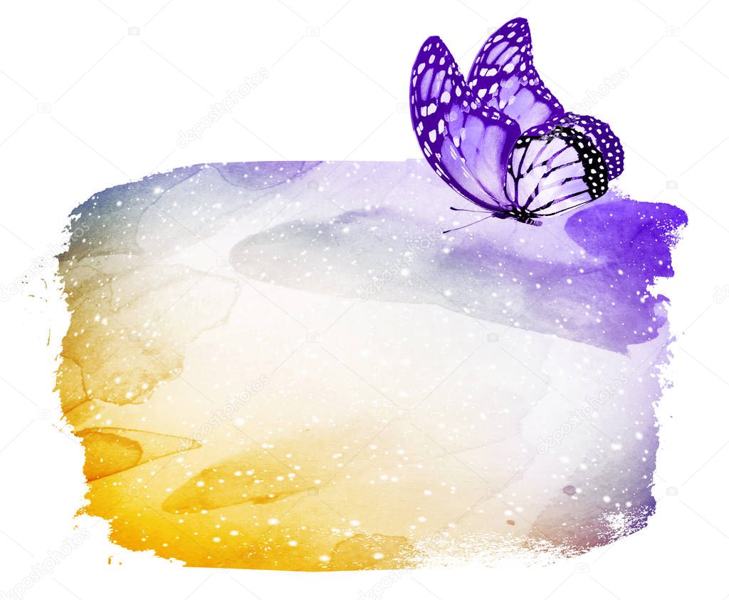 Watercolor background with butterfly on white