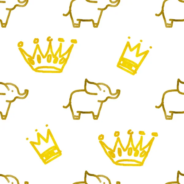 Seamless Pattern Elephants Crowns — ストック写真