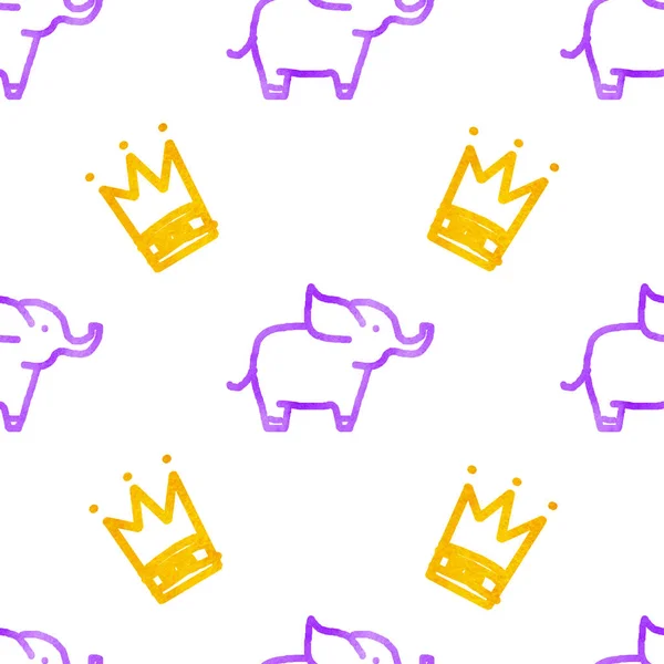 Seamless Pattern Elephants Crowns — ストック写真