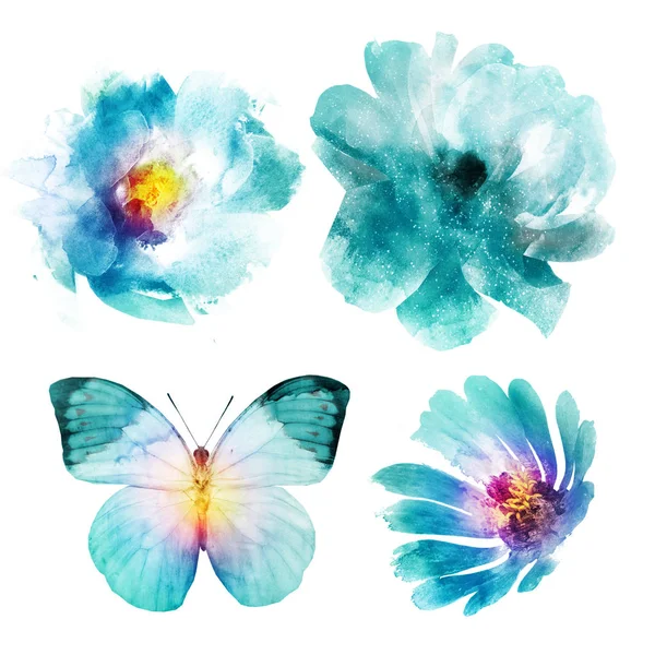 Чотири Акварельні Квіти Метелик Білому Встановити — стокове фото