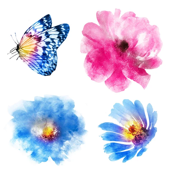 Dört Suluboya Çiçek Beyaz Kelebek Ayarla — Stok fotoğraf