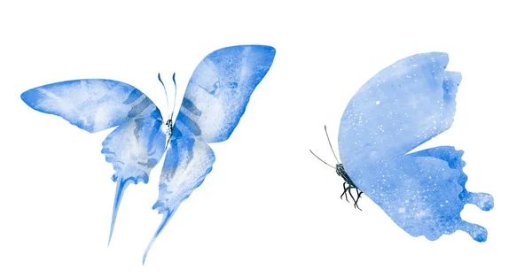 Dva Akvarel Motýli Izolované Bílém Pozadí — Stock fotografie
