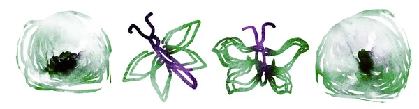 蝶と4つの水彩画のスケッチ 白の花 セット — ストック写真
