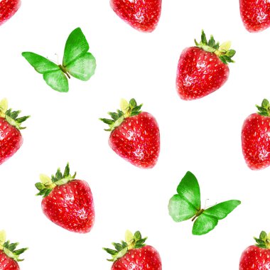 Çilek ve kelebeklerle kusursuz suluboya deseni