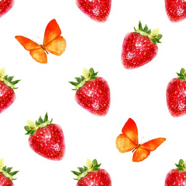 Çilek ve kelebeklerle kusursuz suluboya deseni