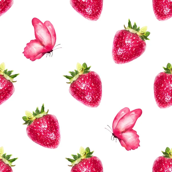 イチゴや蝶とシームレス水彩パターン — ストック写真