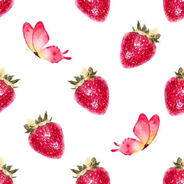 イチゴや蝶とシームレス水彩パターン — ストック写真
