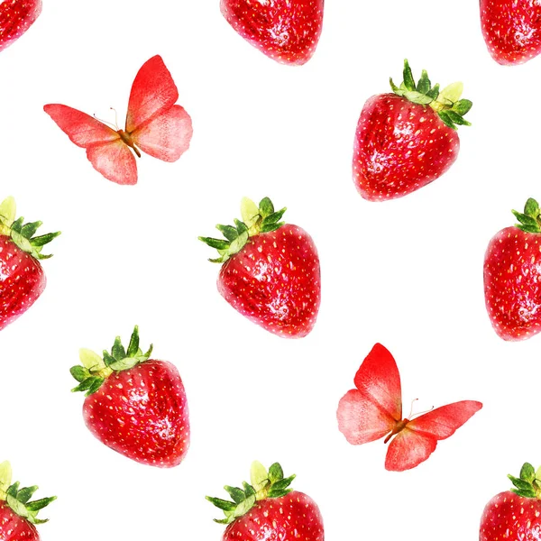 Patrón Acuarela Sin Costuras Con Fresas Mariposas — Foto de Stock