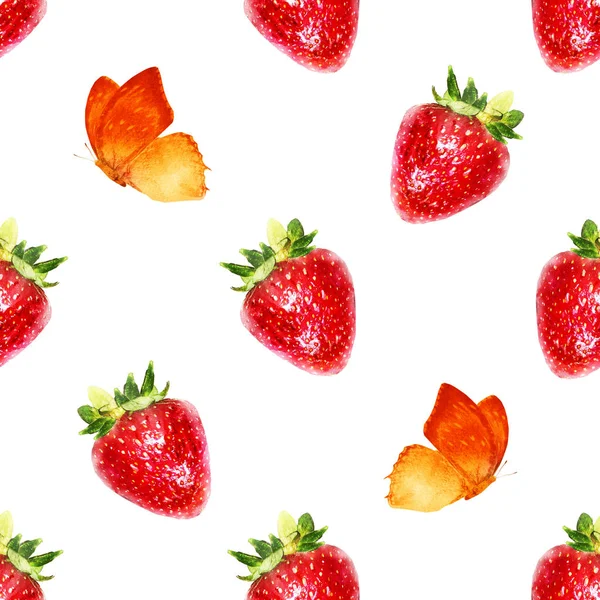 Nahtloses Aquarellmuster Mit Erdbeeren Und Schmetterlingen — Stockfoto