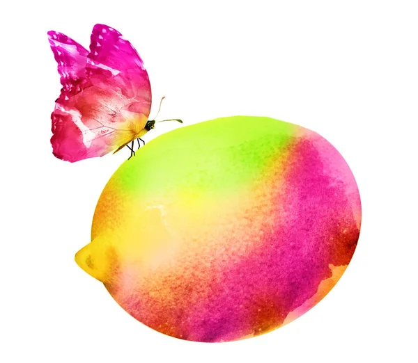 Akvarell Citron Lime Med Fjäril — Stockfoto