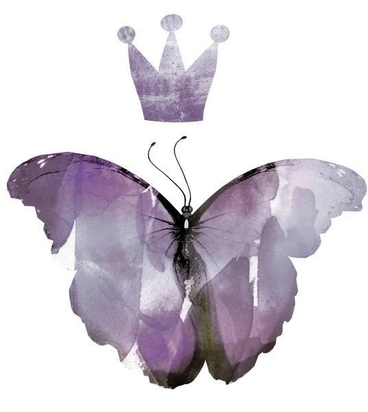 Papillon Aquarelle Avec Couronne Isolé Sur Blanc — Photo