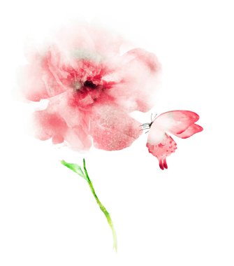 Beyaz kelebekli suluboya çiçek