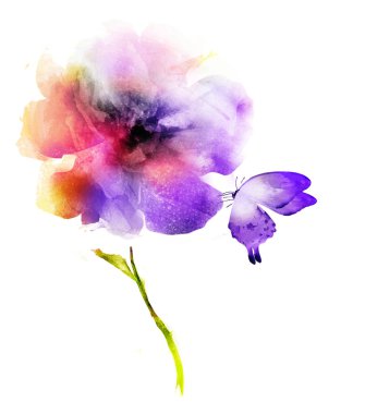 Beyaz kelebekli suluboya çiçek