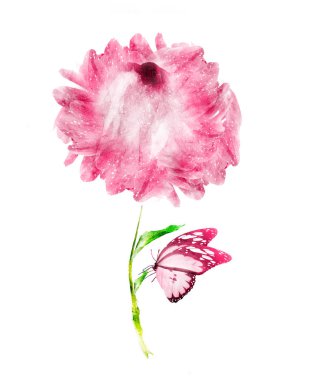 Beyaz kelebekli suluboya çiçek