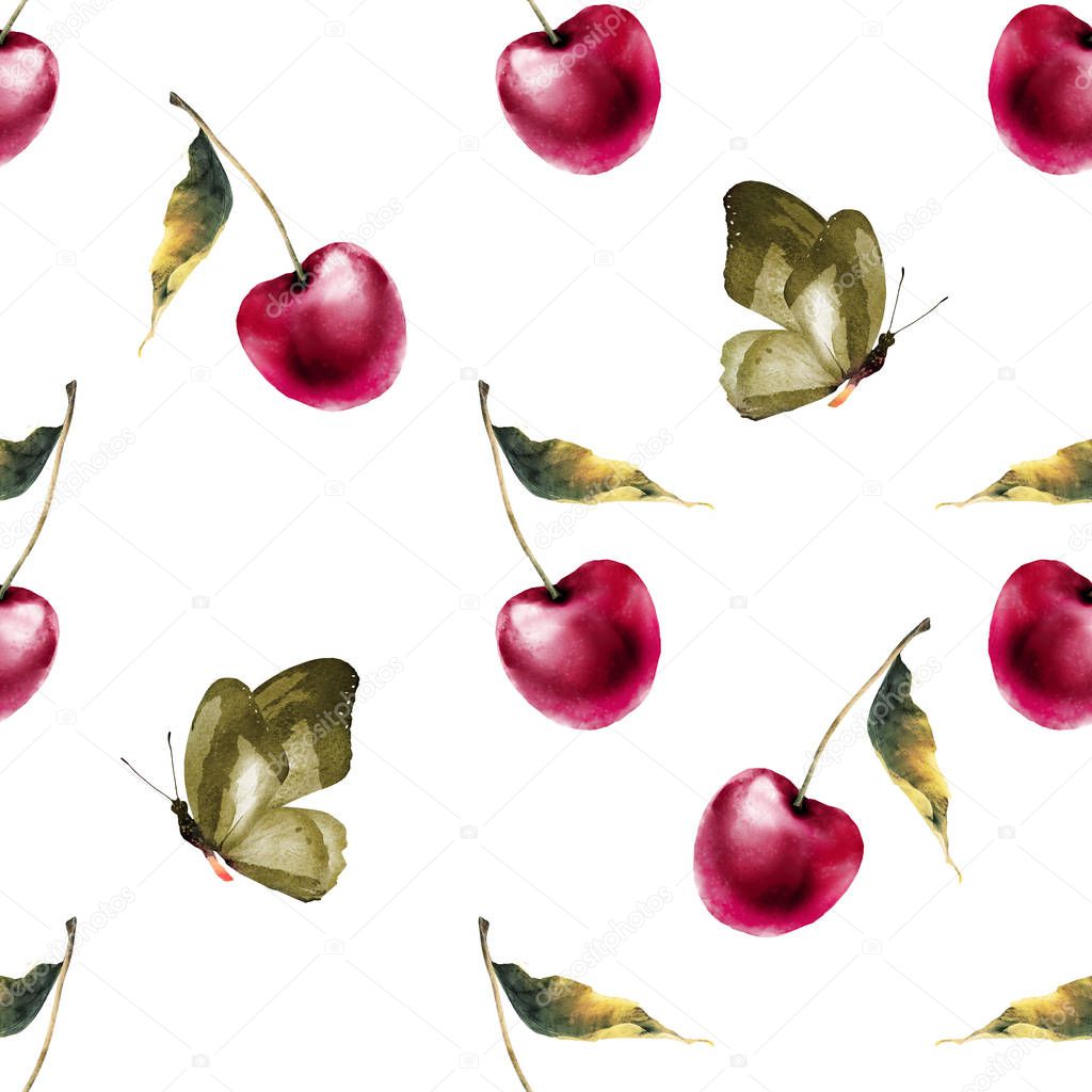 Seamless watercolor pattern with cherry and butterflies