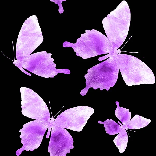 Acquerello Modello Senza Soluzione Continuità Con Farfalle Sul Nero — Foto Stock