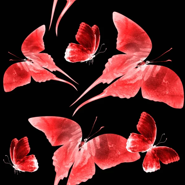 Aquarel Naadloos Patroon Met Vlinders Zwart — Stockfoto