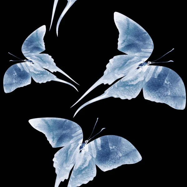 Acquerello Modello Senza Soluzione Continuità Con Farfalle Sul Nero — Foto Stock