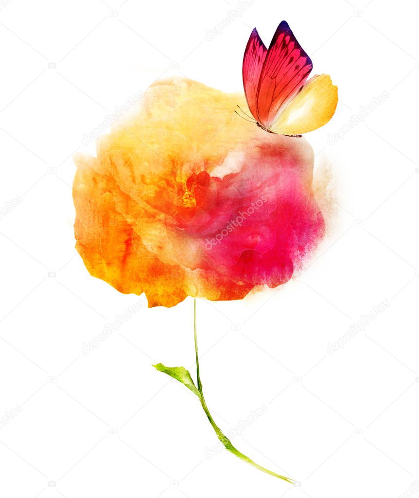 Watercolor flower isolated on white. Silhouette 