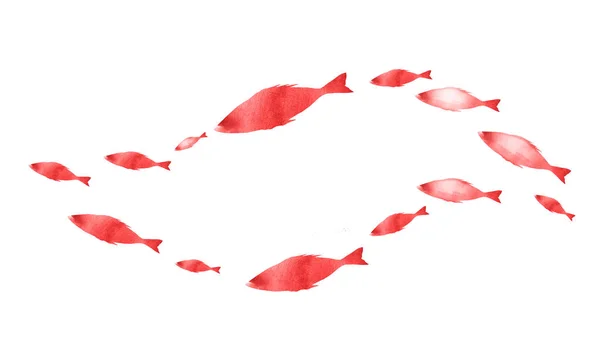 Silhouetten von Fischgruppen auf weiß. Aquarell — Stockfoto