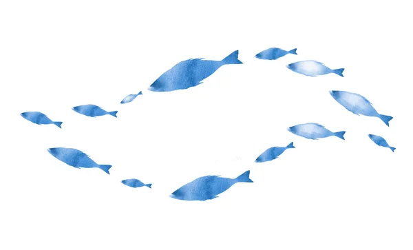 Silhouettes of groups of  fishes on white. Watercolor — Stock Photo, Image