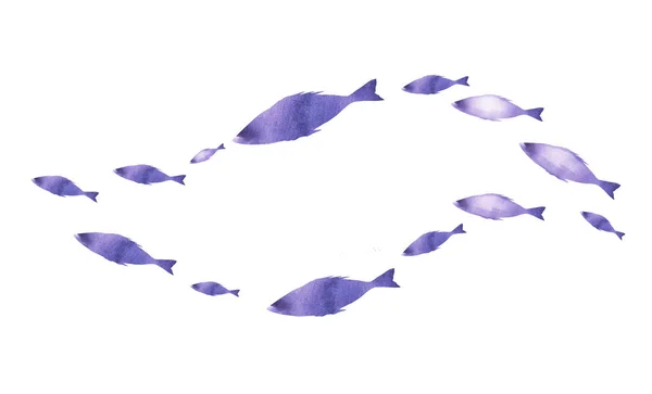 Силуэты групп рыб на белом. Акварель — стоковое фото