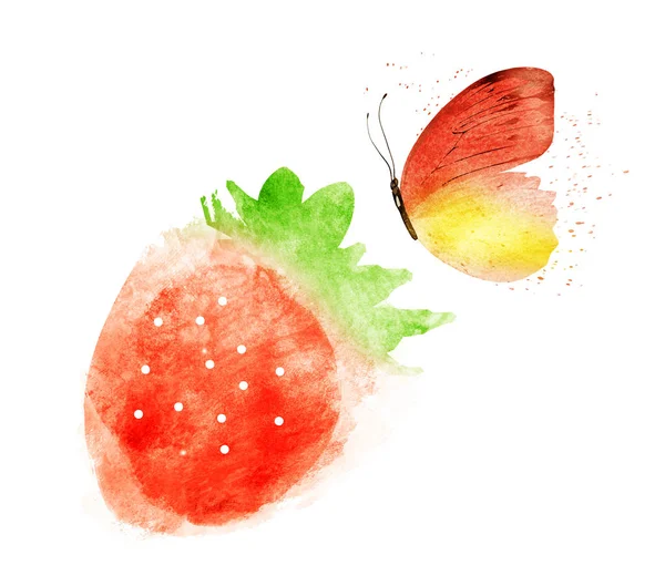 Aquarelle fraise avec papillon sur blanc — Photo